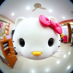 Hello Kitty with her face adorably close to the camera, as captured through a 0