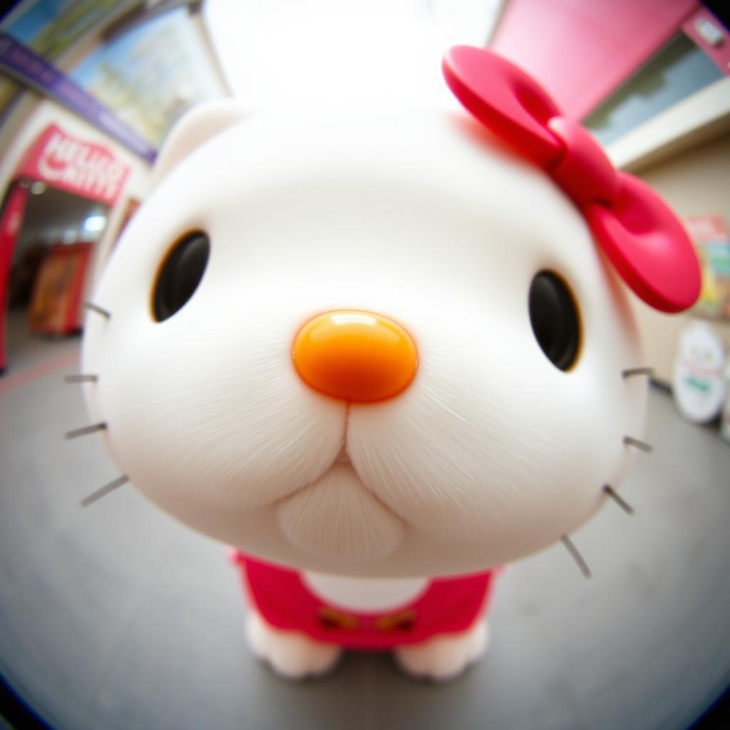 Hello Kitty with her face adorably close to the camera, as captured through a 0