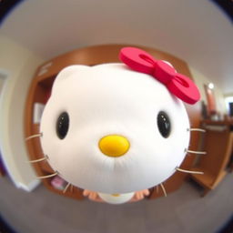 Hello Kitty with her face adorably close to the camera, as captured through a 0