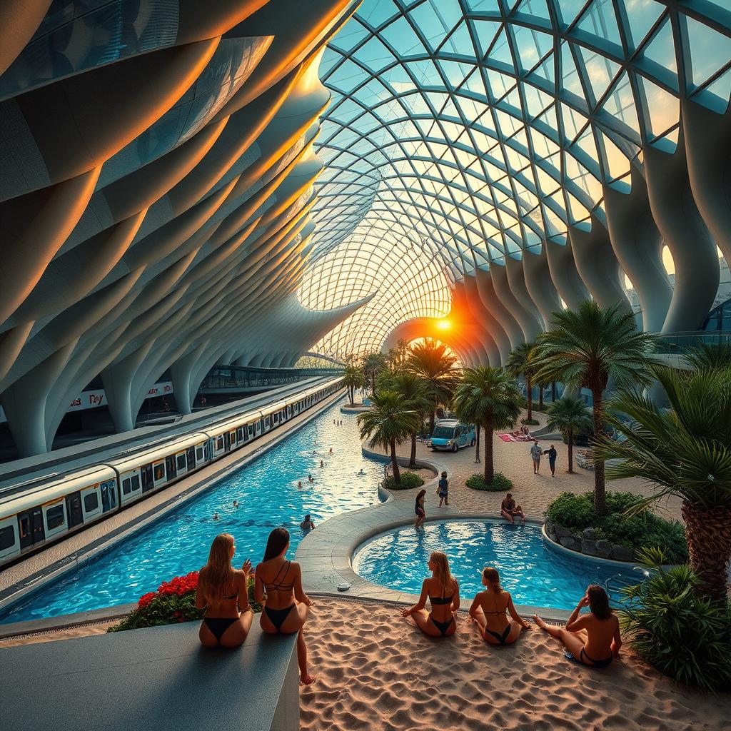 A vast underground metro showcasing a sleek train composed of multiple cars positioned on the platform