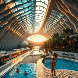 A vast underground metro showcasing a sleek train composed of multiple cars positioned on the platform