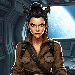 A striking female Balosar smuggler from Star Wars, characterized by her distinctive antennae and confident demeanor