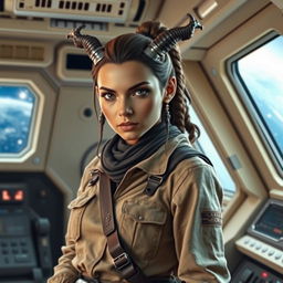 A striking female Balosar smuggler from Star Wars, characterized by her distinctive antennae and confident demeanor