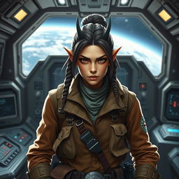 A striking female Balosar smuggler from Star Wars, characterized by her distinctive antennae and confident demeanor