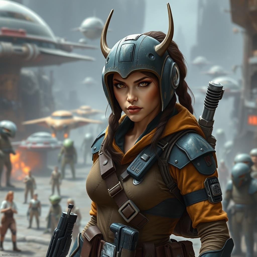 A formidable female Balosar bounty hunter from Star Wars, with signature antennae, exuding an air of danger and precision