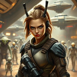 A formidable female Balosar bounty hunter from Star Wars, with signature antennae, exuding an air of danger and precision