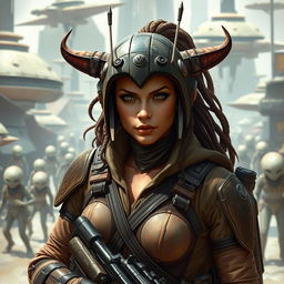 A formidable female Balosar bounty hunter from Star Wars, with signature antennae, exuding an air of danger and precision