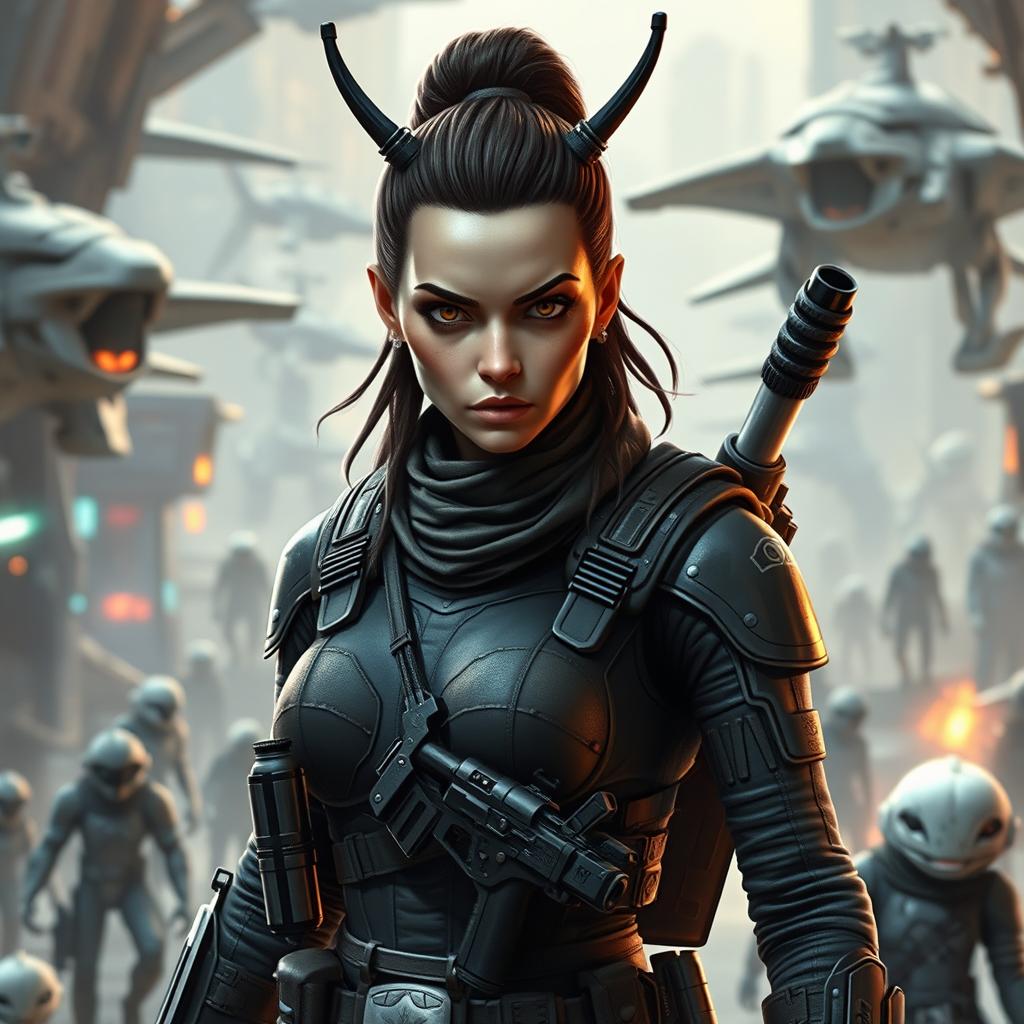 A formidable female Balosar bounty hunter from Star Wars, with signature antennae, exuding an air of danger and precision