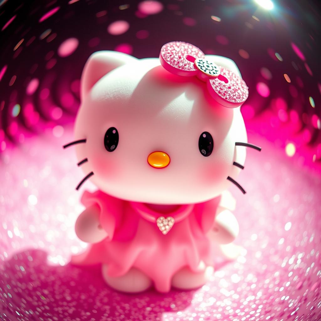 Hello Kitty in a girly pose, surrounded by a magical aura of glitter and sparkles, with predominant pink hues