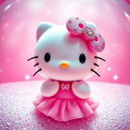 Hello Kitty in a girly pose, surrounded by a magical aura of glitter and sparkles, with predominant pink hues