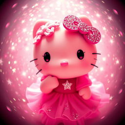 Hello Kitty in a girly pose, surrounded by a magical aura of glitter and sparkles, with predominant pink hues