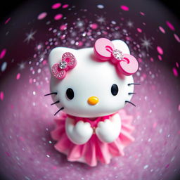 Hello Kitty in a girly pose, surrounded by a magical aura of glitter and sparkles, with predominant pink hues