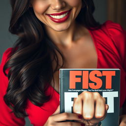 An extreme close-up, torso shot of a gorgeous brunette (Caucasian) with a smug smile