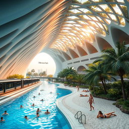 An expansive underground metro features a sleek train with several cars stationed on a platform