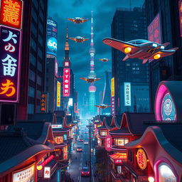 A vibrant scene set in the heart of Tokyo in the year 2035, showcasing a futuristic skyline filled with flying cars soaring between skyscrapers