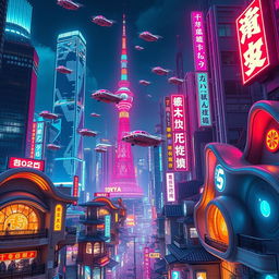 A vibrant scene set in the heart of Tokyo in the year 2035, showcasing a futuristic skyline filled with flying cars soaring between skyscrapers