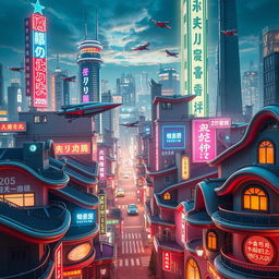 A vibrant scene set in the heart of Tokyo in the year 2035, showcasing a futuristic skyline filled with flying cars soaring between skyscrapers