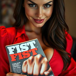 extreme close-up of a gorgeous Caucasian brunette with a large chest, wearing a red blouse showcasing her cleavage, holding a hip-hop magazine titled "FIST" featuring an African American fist on the cover