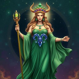 The Taurus Goddess stands as a figure of power and grace, dressed in a flowing emerald green dress that moves with elegance