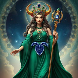 The Taurus Goddess stands as a figure of power and grace, dressed in a flowing emerald green dress that moves with elegance