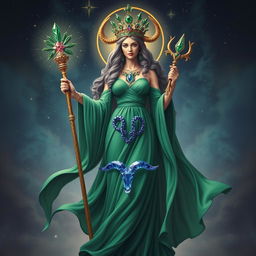 The Taurus Goddess stands as a figure of power and grace, dressed in a flowing emerald green dress that moves with elegance