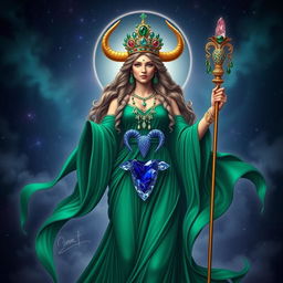 The Taurus Goddess stands as a figure of power and grace, dressed in a flowing emerald green dress that moves with elegance