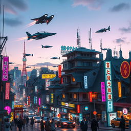 Tokyo cityscape in 2035, a vibrant scene with futuristic flying cars zooming through the sky, alongside a network of neon signs in various colors, with many signages displaying Japanese characters