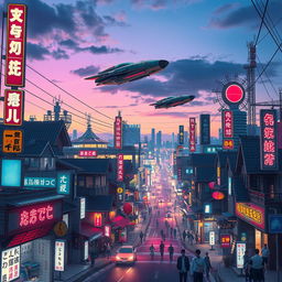 Tokyo cityscape in 2035, a vibrant scene with futuristic flying cars zooming through the sky, alongside a network of neon signs in various colors, with many signages displaying Japanese characters