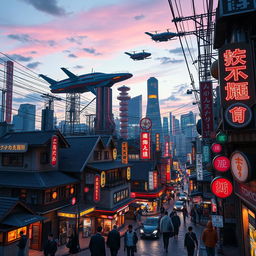 Tokyo cityscape in 2035, a vibrant scene with futuristic flying cars zooming through the sky, alongside a network of neon signs in various colors, with many signages displaying Japanese characters