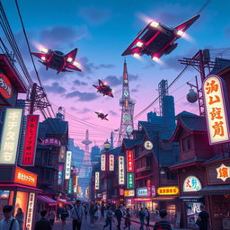 Tokyo cityscape in 2035, a vibrant scene with futuristic flying cars zooming through the sky, alongside a network of neon signs in various colors, with many signages displaying Japanese characters