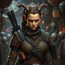 A formidable female Balosar bounty hunter from Star Wars, featuring distinctive antennae and a fierce expression