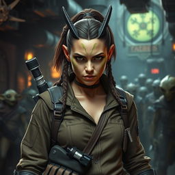 A formidable female Balosar bounty hunter from Star Wars, featuring distinctive antennae and a fierce expression