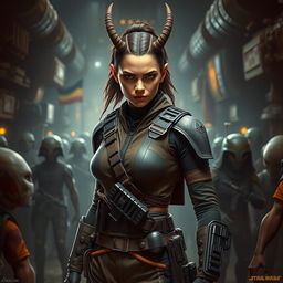 A formidable female Balosar bounty hunter from Star Wars, featuring distinctive antennae and a fierce expression