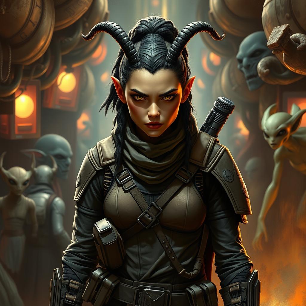 A formidable female Balosar bounty hunter from Star Wars, featuring distinctive antennae and a fierce expression