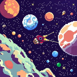 a pixel art depiction of outer space showing a colorful and pixelated universe