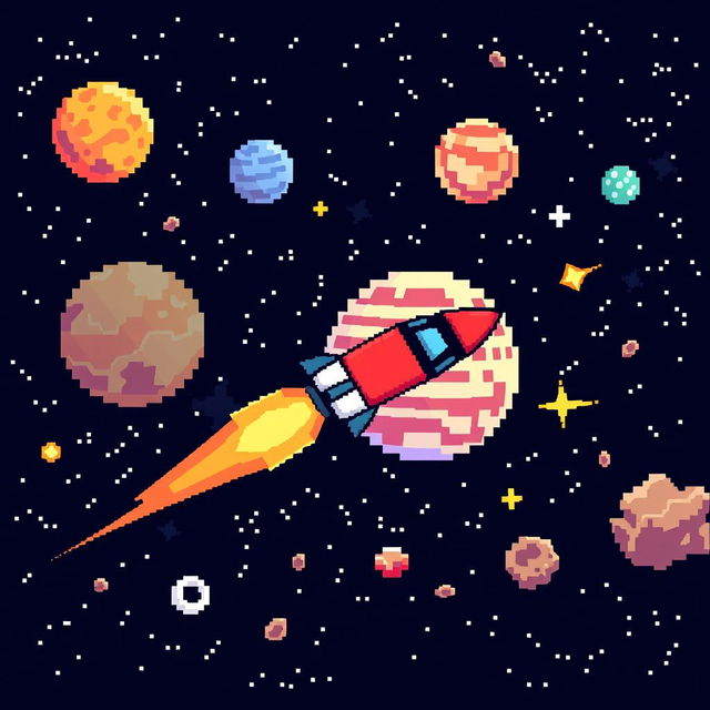 a pixel art depiction of outer space showing a colorful and pixelated universe