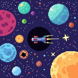 a pixel art depiction of outer space showing a colorful and pixelated universe