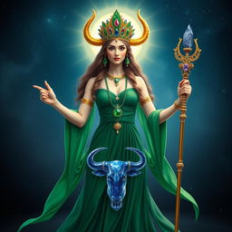 The Taurus Goddess stands as a divine presence, adorned in a graceful, flowing emerald green dress