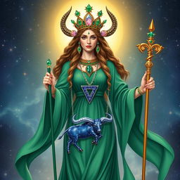 The Taurus Goddess stands as a divine presence, adorned in a graceful, flowing emerald green dress