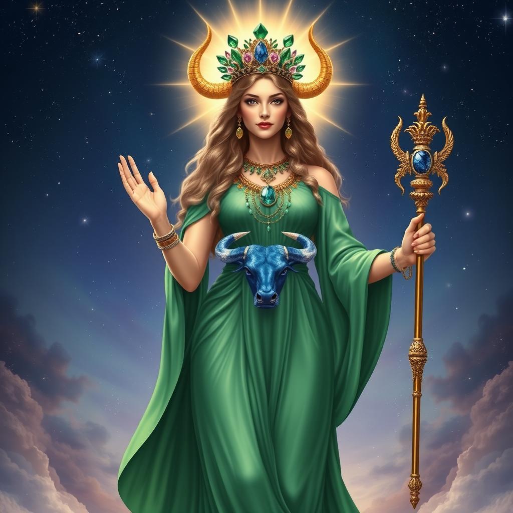 The Taurus Goddess stands as a divine presence, adorned in a graceful, flowing emerald green dress