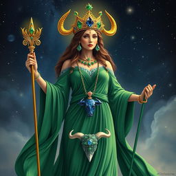 The Taurus Goddess stands as a divine presence, adorned in a graceful, flowing emerald green dress