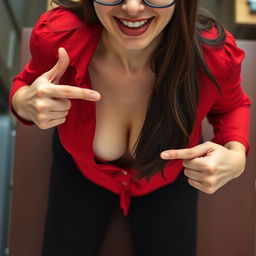 A close-up overhead shot of Jelena Jensen's torso, featuring her as a brunette with glasses wearing a red blouse that accentuates her cleavage