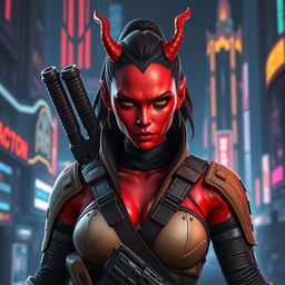 A striking female Balosar bounty hunter from Star Wars, with unique red skin and trademark antennae