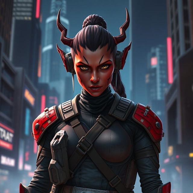 A striking female Balosar bounty hunter from Star Wars, with unique red skin and trademark antennae