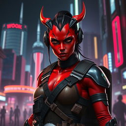 A striking female Balosar bounty hunter from Star Wars, with unique red skin and trademark antennae