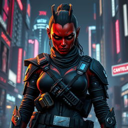 A striking female Balosar bounty hunter from Star Wars, with unique red skin and trademark antennae