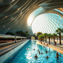 An expansive underground metro station features a sleek train of several cars on the platform