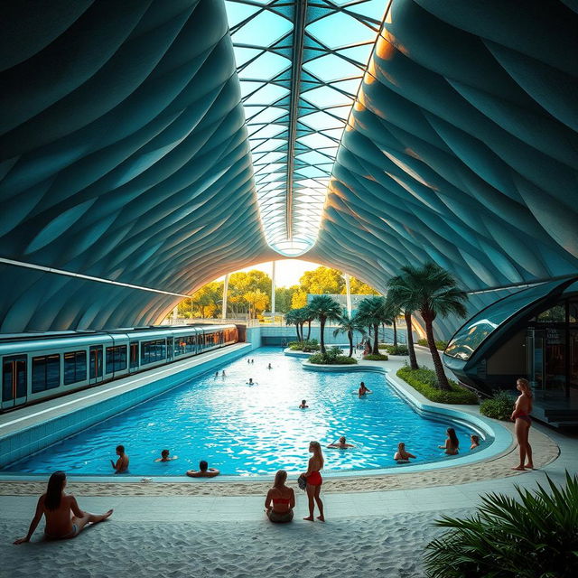 An expansive underground metro station features a sleek train of several cars on the platform