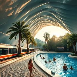 An expansive underground metro station features a sleek train of several cars on the platform