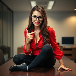 A close-up image of Jelena Jensen, a brunette woman with glasses, wearing a red blouse that accentuates her cleavage, posed on all fours on a desk